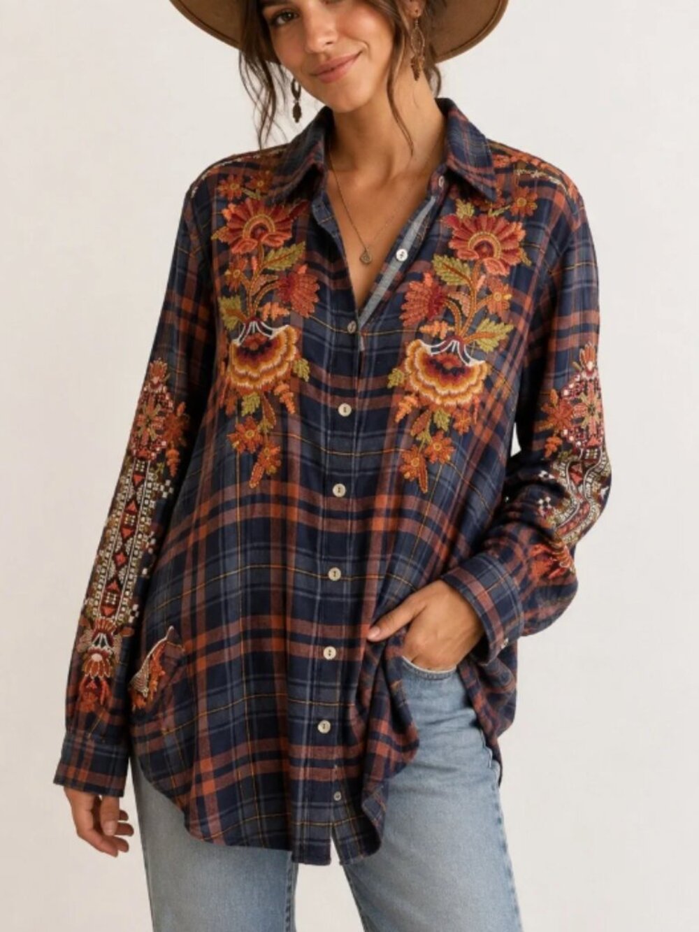 Johnny Was Workshop Embroidered Plaid Flannel Button Down Shirt